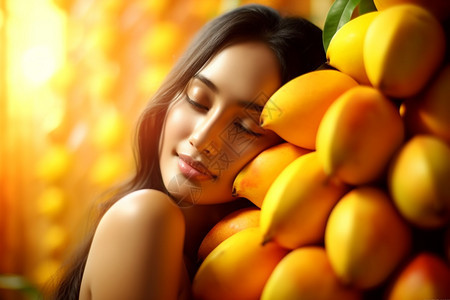 脸颊紧贴芒果的女人图片