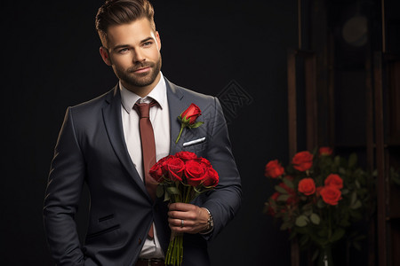 盛开的玫瑰花手拿玫瑰花的西装男人背景