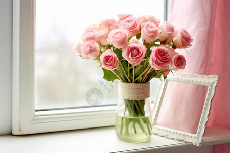窗边的新鲜玫瑰花束图片