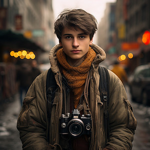 外国街头拍照的男孩背景图片