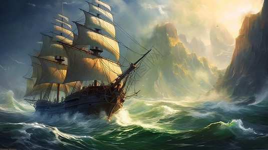 山海中扬帆的船只背景图片