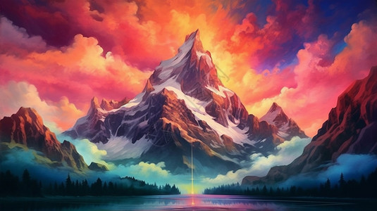 彩色的山脉油画图片