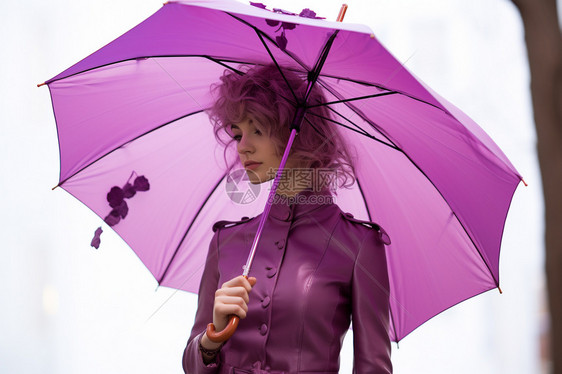 模特手中的紫色雨伞图片