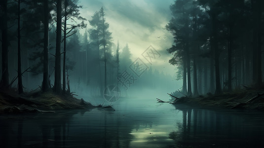 大雾笼罩的林湖图片