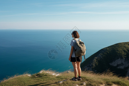 海边悬崖上的背包旅行者图片