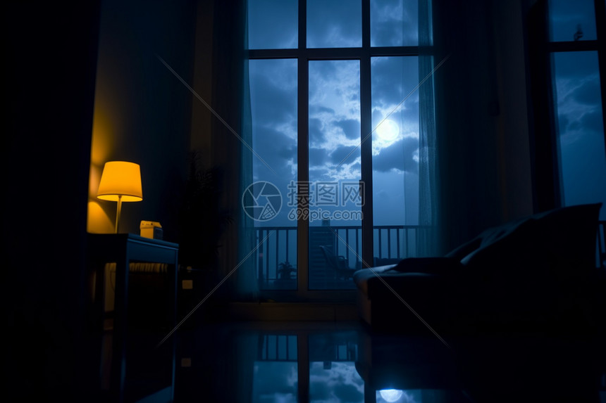 客厅窗外明亮的夜空图片