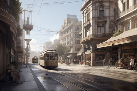 城市街道上古老的电车背景图片