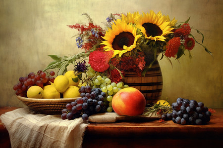 水果和鲜花的静物图片