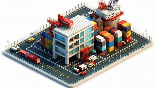 港口物流港口贸易三维展示图插画