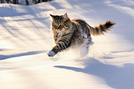 森林雪地上奔跑的挪威猫图片