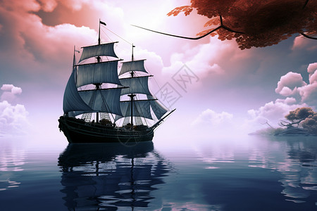 湖面远行的帆船图片