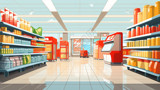 购物超市内整齐的商品插画