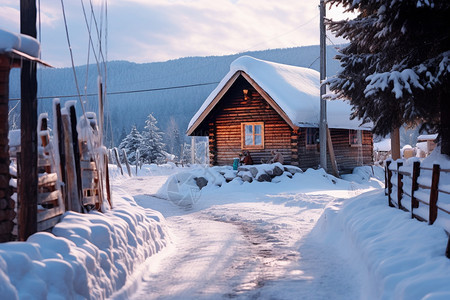 被雪覆盖着的木屋图片