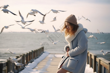 冬季海边玩耍的外国女子图片