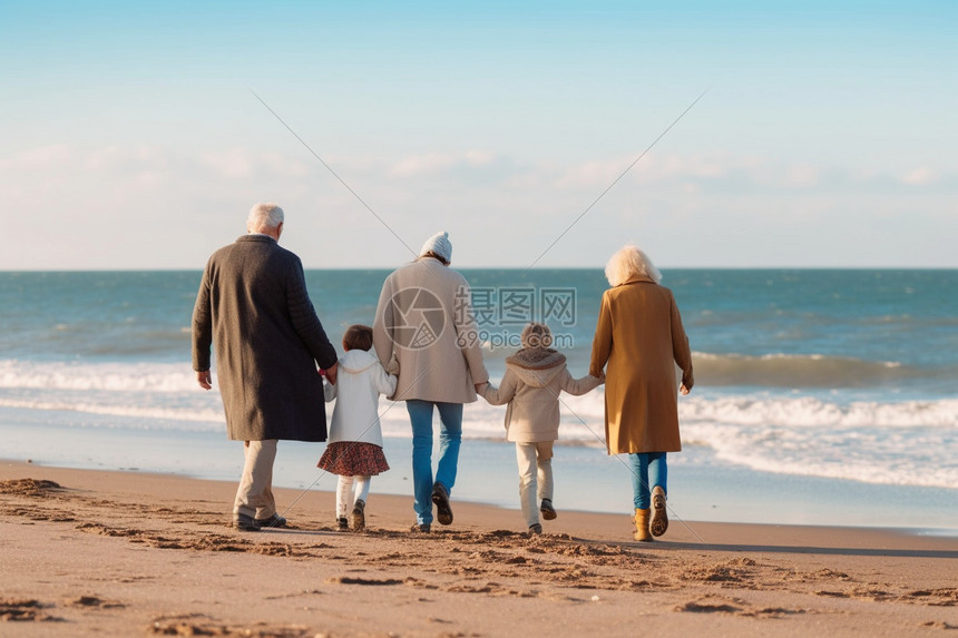 海滩上牵手散步的一家人图片