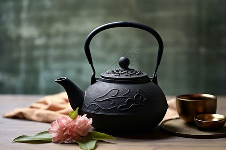 鲜花点缀下的茶壶图片