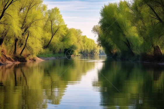 河流旁长满的绿树图片