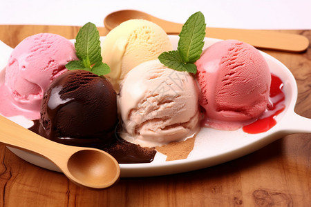餐盘中的冰淇淋球图片