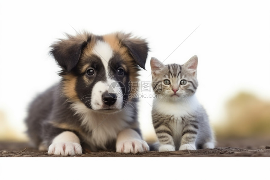 白色背景上的小猫和小狗图片
