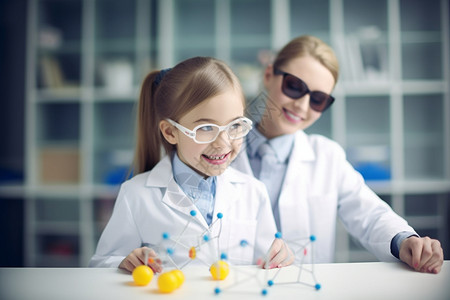 学习分子模型的女孩背景图片