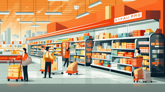 繁忙的购物超市平面插图图片