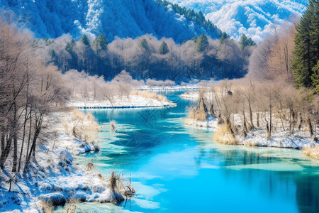 冬天冰雪风景树林湖泊图片