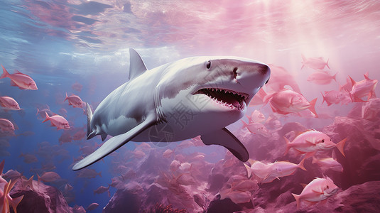 游泳插画被粉红色鱼群包围的鲨鱼背景