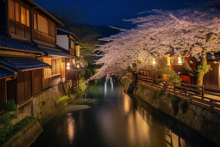 小樽运河夜晚公园的地标建筑背景