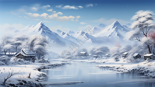 动漫风格的冬天雪山插图图片