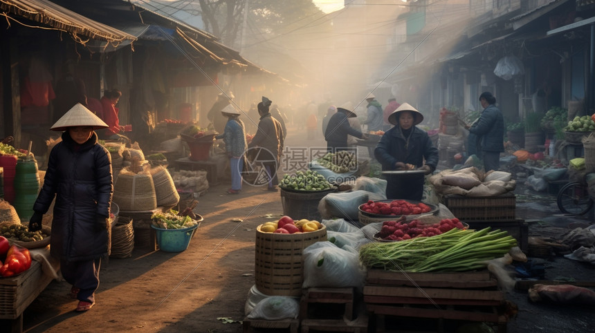 农村的早市集市场景图片