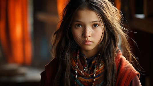 穿藏族服饰的小女孩背景图片