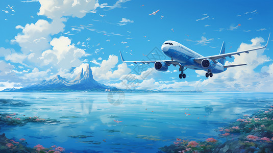 大海上的飞机艺术插图图片