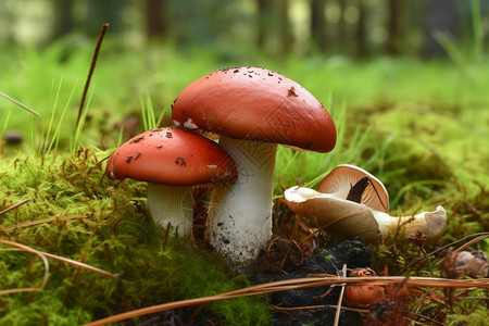 草地中的两朵红蘑菇图片