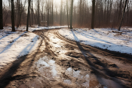 道路上的积雪融化背景图片