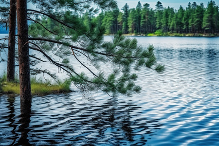 枝干低垂到湖面的松树图片