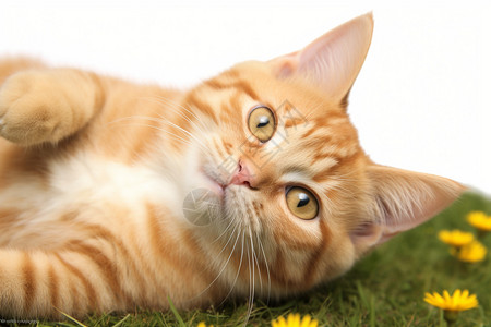 躺在草坪上的虎斑猫图片