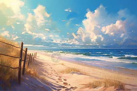 一幅宁静海滩的油画图片