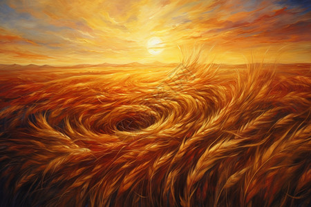 日落时分小麦田的油画插图图片