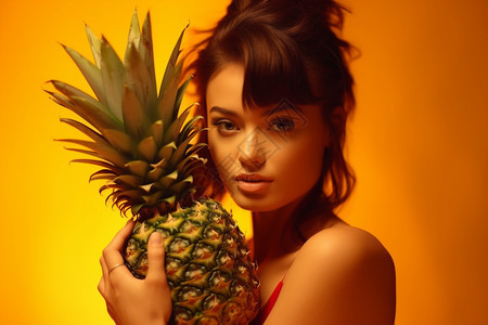 抱着菠萝的少女图片