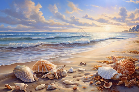 夏天沙滩上的贝壳创意插图图片