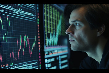 男人盯着股票趋势图图片
