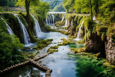 瀑布和小溪的美丽风景图片
