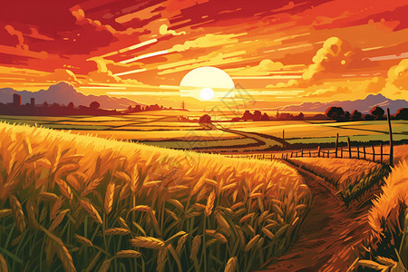 日落时的小麦插画--农林牧渔图片
