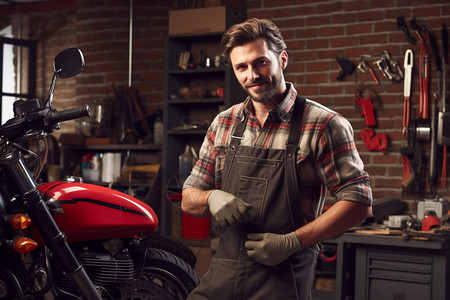 摩托车维修工人正在维修摩托车背景