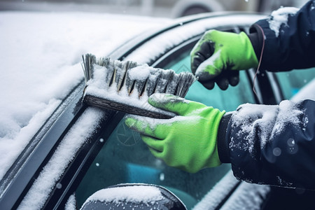 用刷子清理车窗上的积雪图片