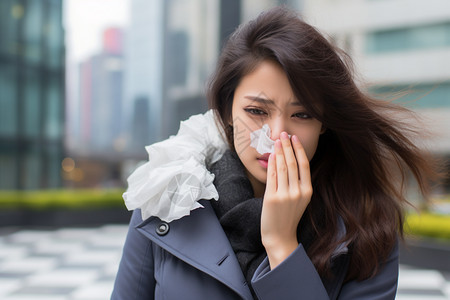 餐巾纸捂鼻子的女人背景图片