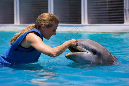 海洋馆和海豚互动的工作人员图片