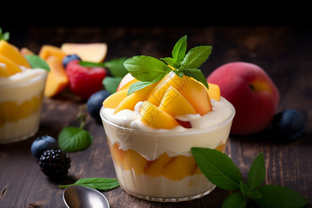 新鲜制作的桃子甜品图片