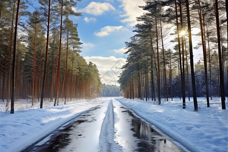 雪后的林中道路背景图片