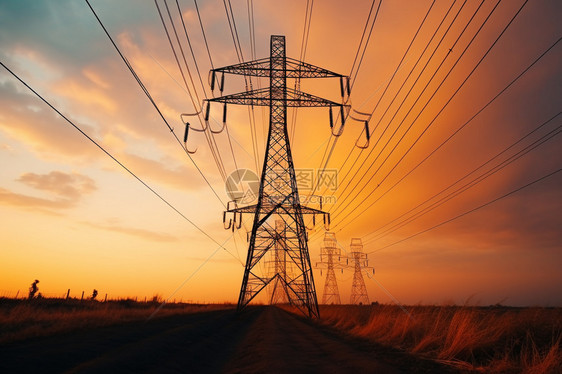 日落时分田野中的电力塔图片